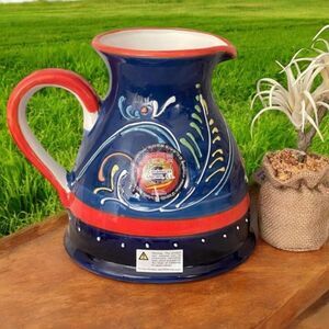 NWT Cerámicas Anoru S.L. Blue Red Hand Painted Ceramic Pitcher Made in Spain
